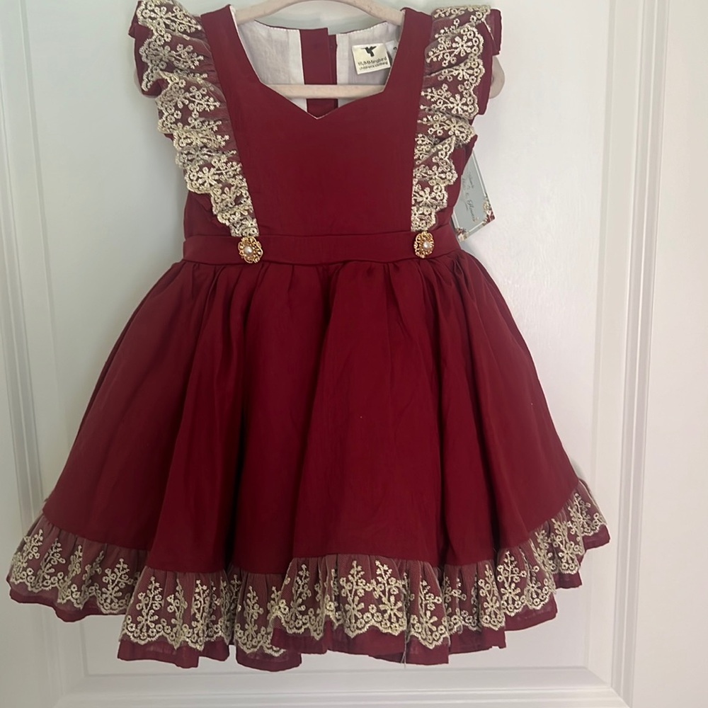 NWT hummingbird special occasion girls dress dark red gold detail
